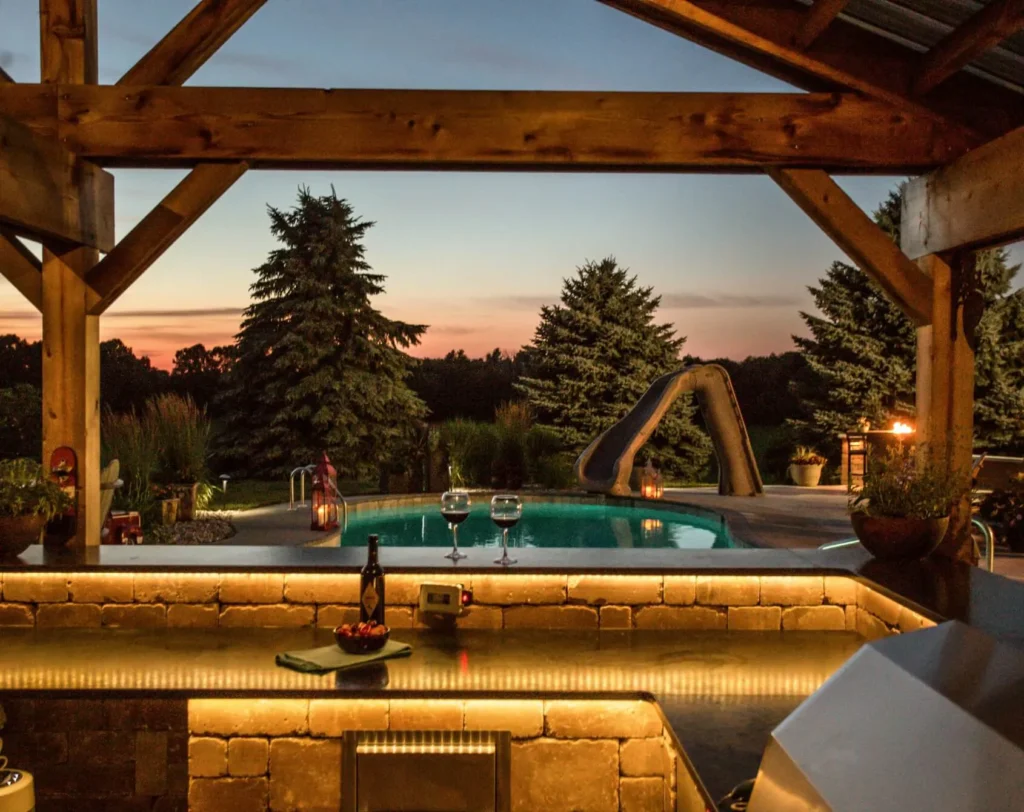 a hot tub at sunset on the patio